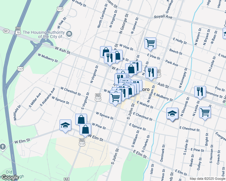 map of restaurants, bars, coffee shops, grocery stores, and more near 135 West Walnut Street in Goldsboro