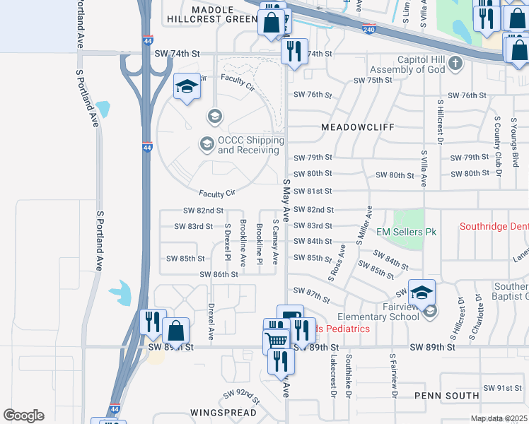 map of restaurants, bars, coffee shops, grocery stores, and more near 8305 Brookline Place in Oklahoma City