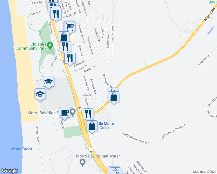 map of restaurants, bars, coffee shops, grocery stores, and more near 1955 Ironwood Avenue in Morro Bay