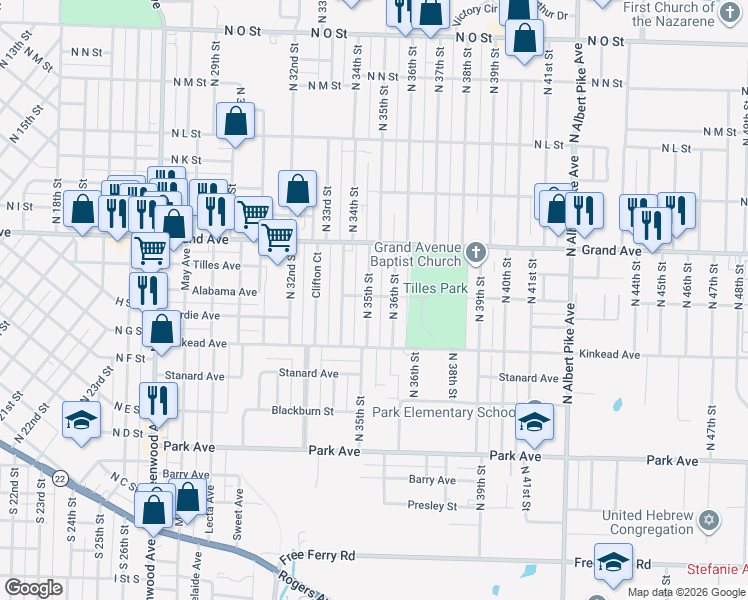 map of restaurants, bars, coffee shops, grocery stores, and more near 722 North 35th Street in Fort Smith