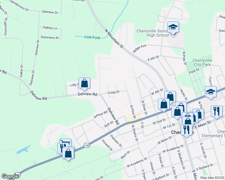 map of restaurants, bars, coffee shops, grocery stores, and more near 706 Watts Street in Cherryville