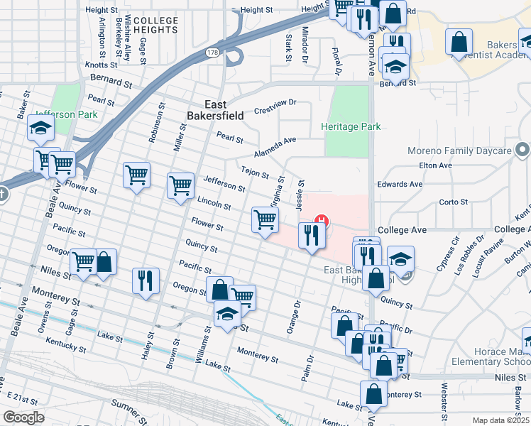 map of restaurants, bars, coffee shops, grocery stores, and more near 1638 Lincoln Street in Bakersfield