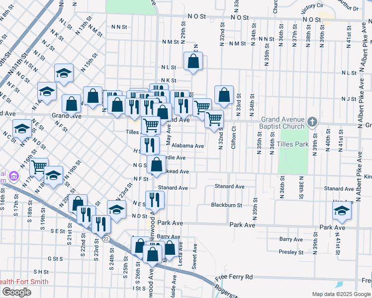 map of restaurants, bars, coffee shops, grocery stores, and more near 2906 Alabama Avenue in Fort Smith