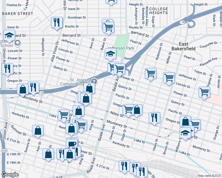 map of restaurants, bars, coffee shops, grocery stores, and more near 826 Pacific Street in Bakersfield