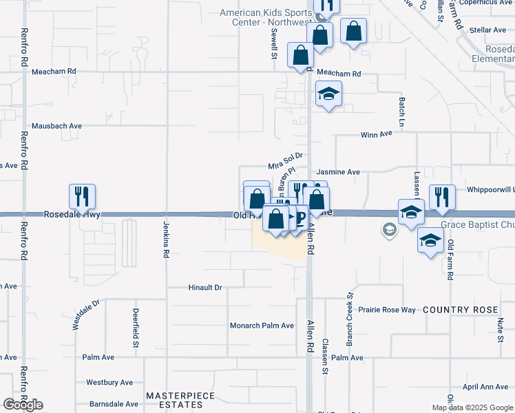 map of restaurants, bars, coffee shops, grocery stores, and more near 13202 Rissy Court in Bakersfield