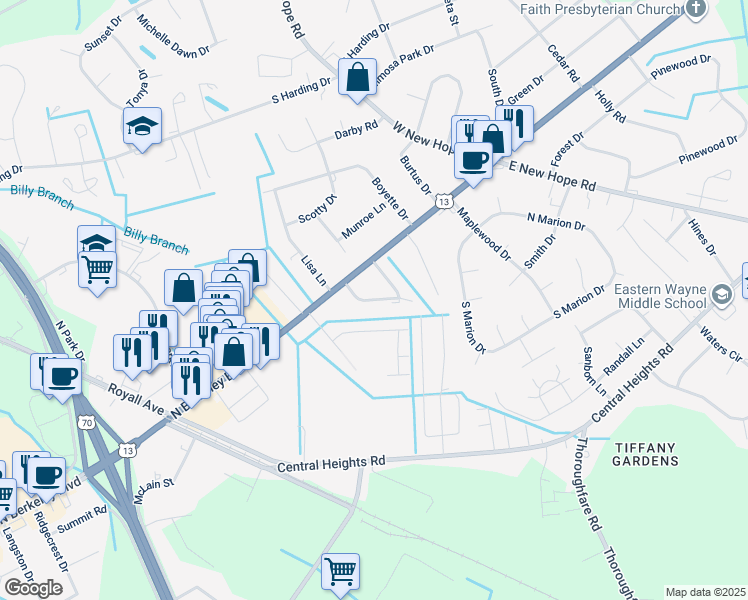 map of restaurants, bars, coffee shops, grocery stores, and more near 2708 Warrick Circle in Goldsboro