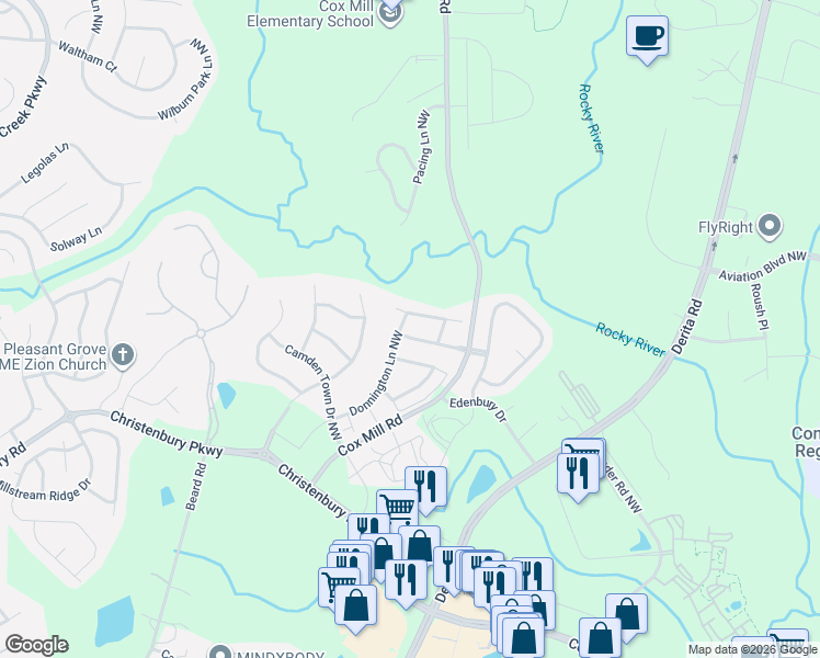 map of restaurants, bars, coffee shops, grocery stores, and more near 9557 Heritage Farm Avenue Northwest in Concord