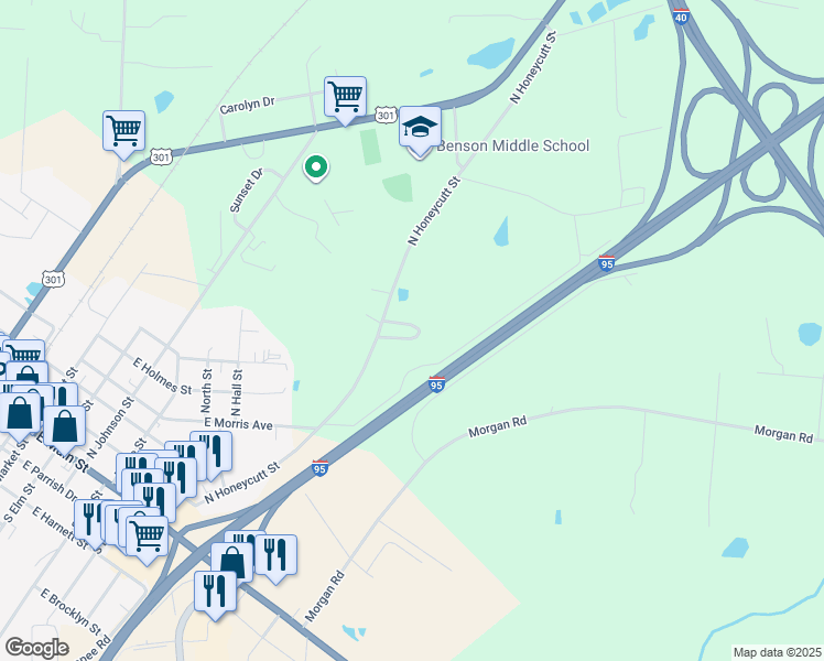 map of restaurants, bars, coffee shops, grocery stores, and more near 12 Coats Circle in Benson