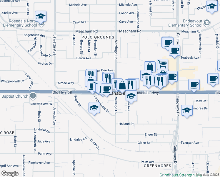 map of restaurants, bars, coffee shops, grocery stores, and more near 10501 Rosedale Highway in Bakersfield