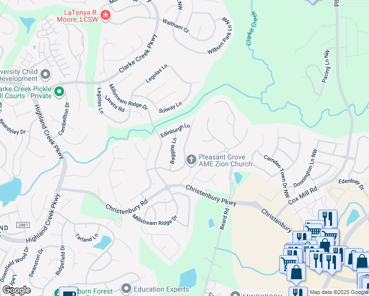 map of restaurants, bars, coffee shops, grocery stores, and more near 2242 Elendil Lane in Charlotte
