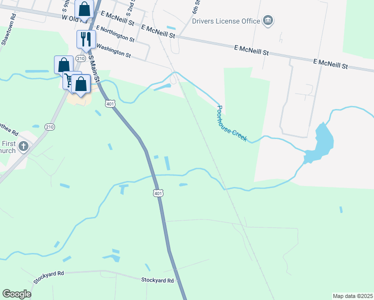 map of restaurants, bars, coffee shops, grocery stores, and more near 1425 U.S. 401 in Lillington