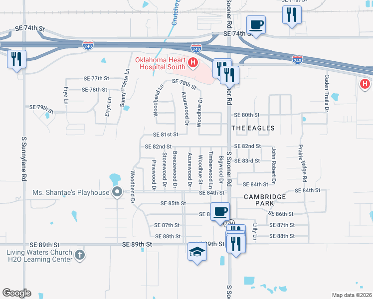 map of restaurants, bars, coffee shops, grocery stores, and more near 8312 Breezewood Drive in Oklahoma City