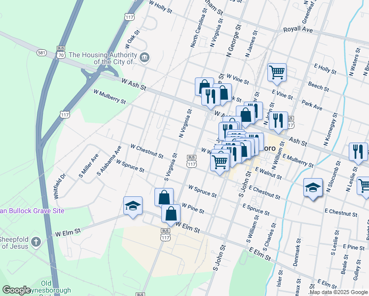 map of restaurants, bars, coffee shops, grocery stores, and more near 310 West Walnut Street in Goldsboro