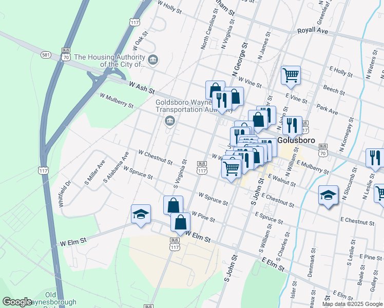 map of restaurants, bars, coffee shops, grocery stores, and more near 310 West Walnut Street in Goldsboro