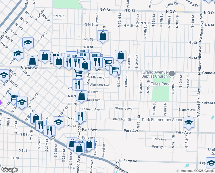 map of restaurants, bars, coffee shops, grocery stores, and more near 3005 Hardie Avenue in Fort Smith