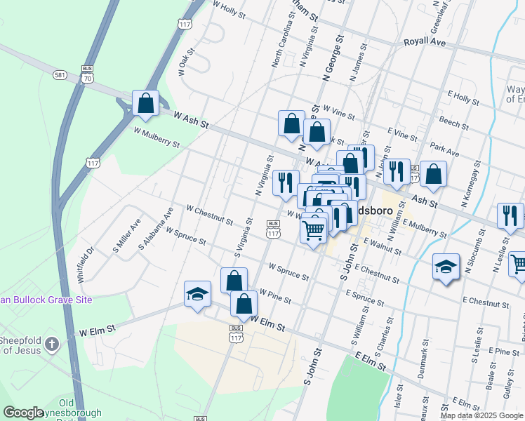 map of restaurants, bars, coffee shops, grocery stores, and more near 310 West Walnut Street in Goldsboro