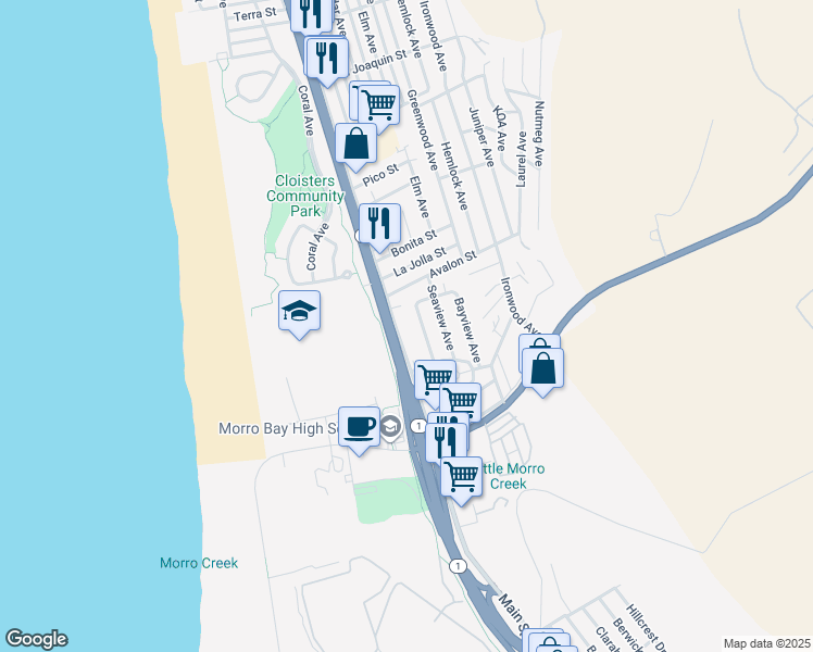 map of restaurants, bars, coffee shops, grocery stores, and more near 2130 Main Street in Morro Bay
