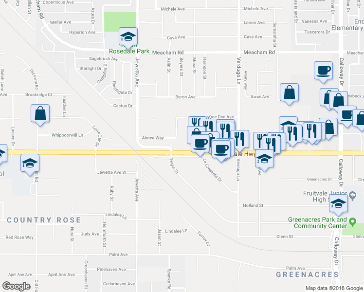 map of restaurants, bars, coffee shops, grocery stores, and more near 10930 Rosedale Highway in Bakersfield