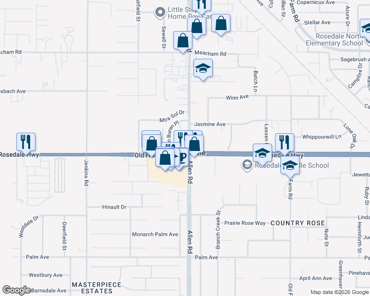 map of restaurants, bars, coffee shops, grocery stores, and more near 12950 Rosedale Highway in Bakersfield