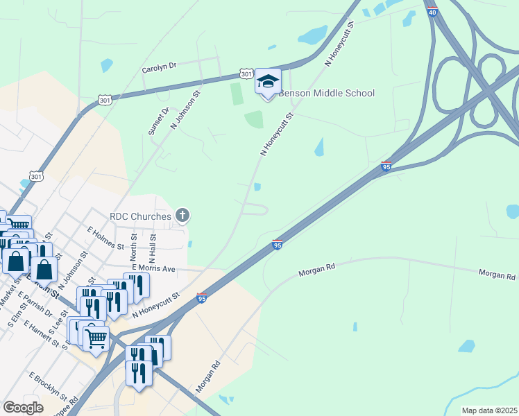 map of restaurants, bars, coffee shops, grocery stores, and more near 12 Coats Circle in Benson
