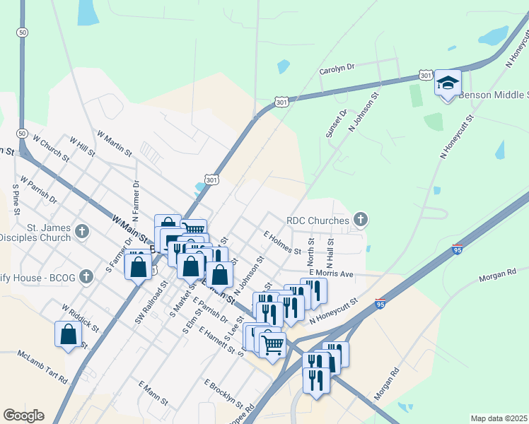 map of restaurants, bars, coffee shops, grocery stores, and more near 509 North Elm Street in Benson