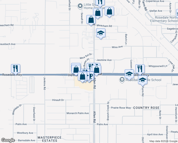 map of restaurants, bars, coffee shops, grocery stores, and more near 12950 Rosedale Highway in Bakersfield