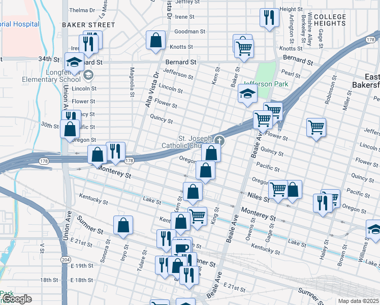 map of restaurants, bars, coffee shops, grocery stores, and more near 600 Oregon Street in Bakersfield