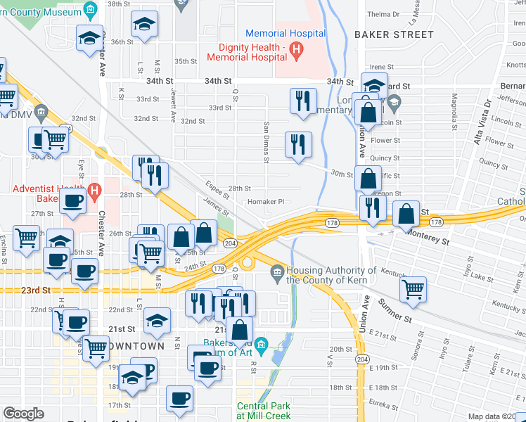 map of restaurants, bars, coffee shops, grocery stores, and more near 530 27th Street in Bakersfield
