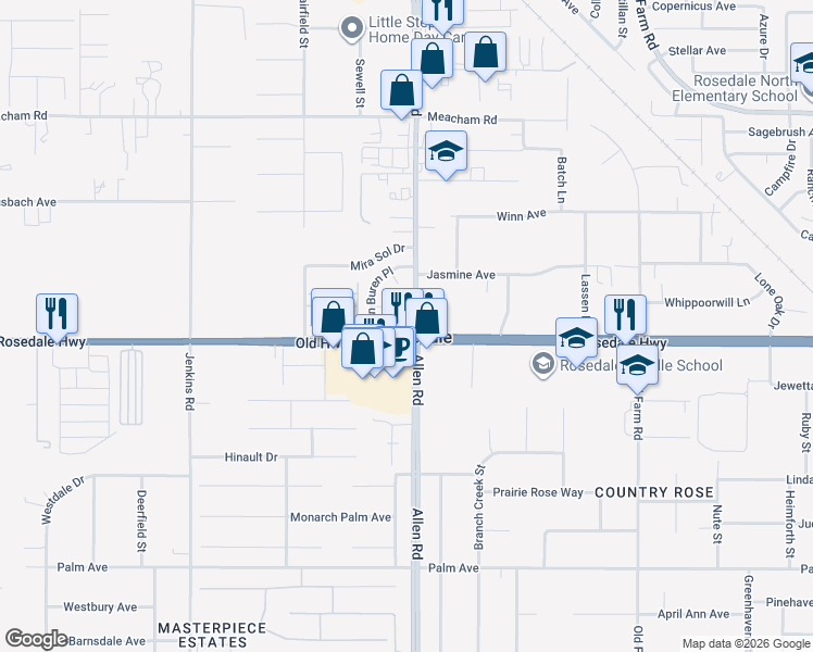 map of restaurants, bars, coffee shops, grocery stores, and more near 12950 Rosedale Highway in Bakersfield