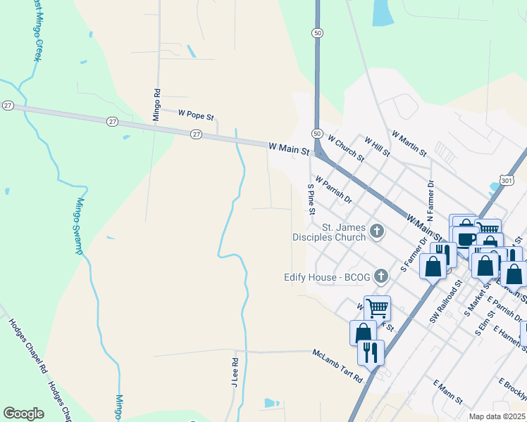 map of restaurants, bars, coffee shops, grocery stores, and more near 109 Benson Hardee Road in Benson