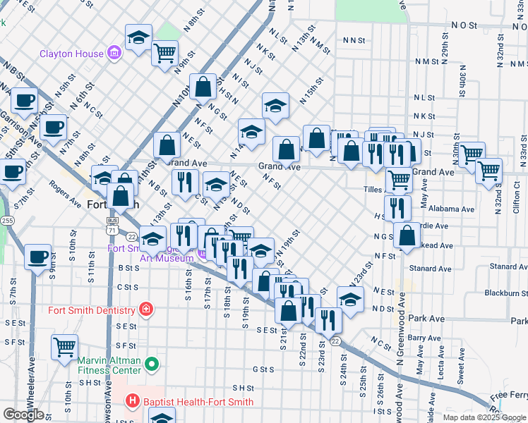 map of restaurants, bars, coffee shops, grocery stores, and more near 1713 D Street North in Fort Smith