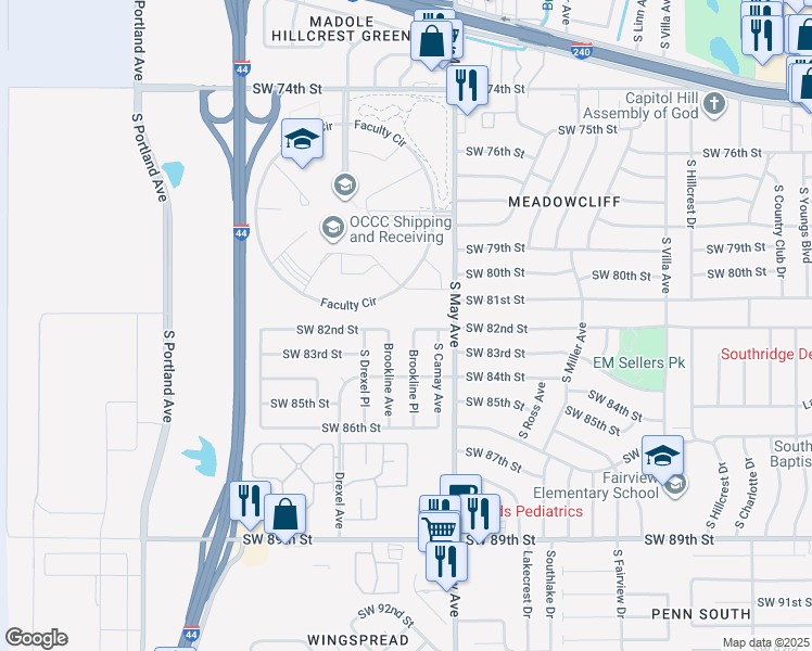 map of restaurants, bars, coffee shops, grocery stores, and more near 8305 Brookline Place in Oklahoma City