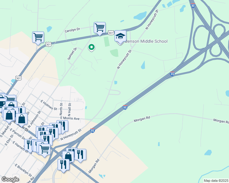 map of restaurants, bars, coffee shops, grocery stores, and more near 12 Coats Circle in Benson