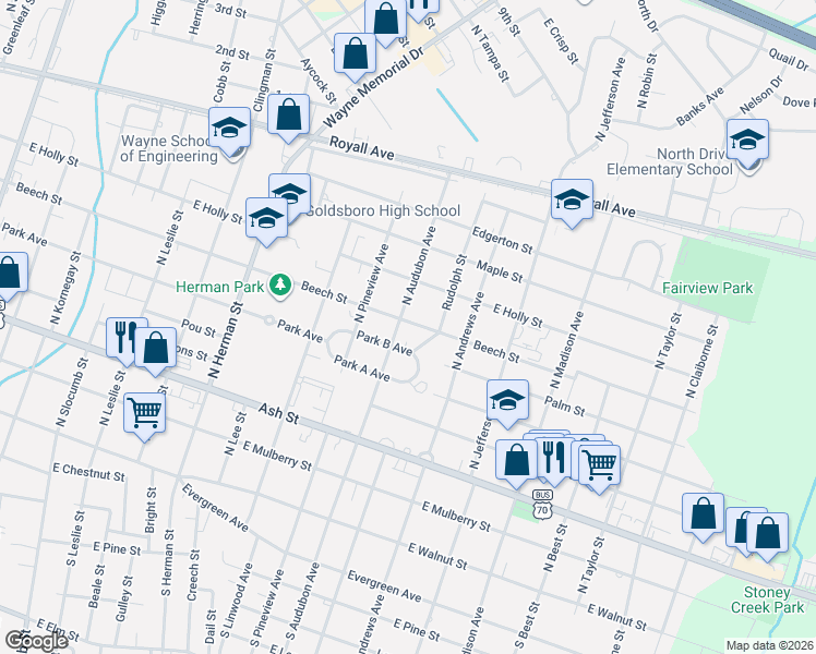map of restaurants, bars, coffee shops, grocery stores, and more near 1307 East Park Avenue B in Goldsboro