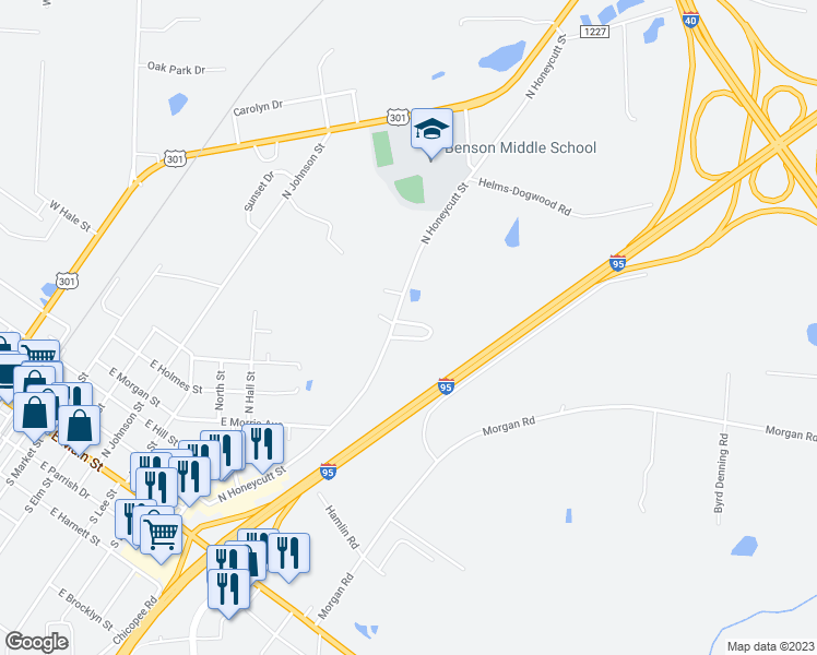 map of restaurants, bars, coffee shops, grocery stores, and more near 75 Coats Circle in Benson