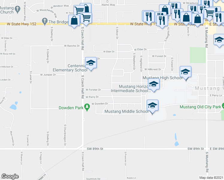 map of restaurants, bars, coffee shops, grocery stores, and more near S Silver Dr & W Forster Dr in Mustang