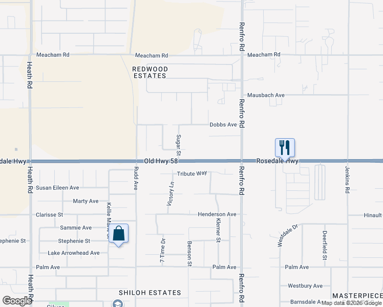 map of restaurants, bars, coffee shops, grocery stores, and more near 14901 David Court in Bakersfield