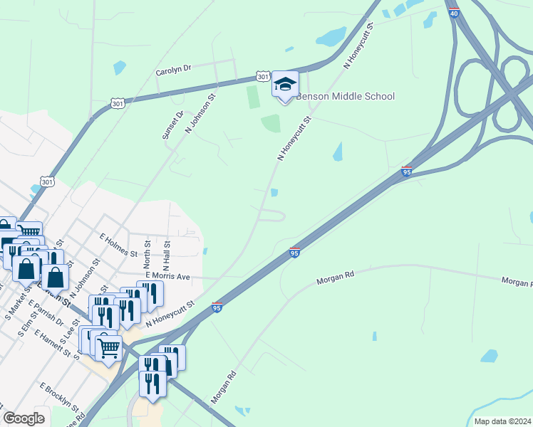 map of restaurants, bars, coffee shops, grocery stores, and more near 83 Coats Circle in Benson