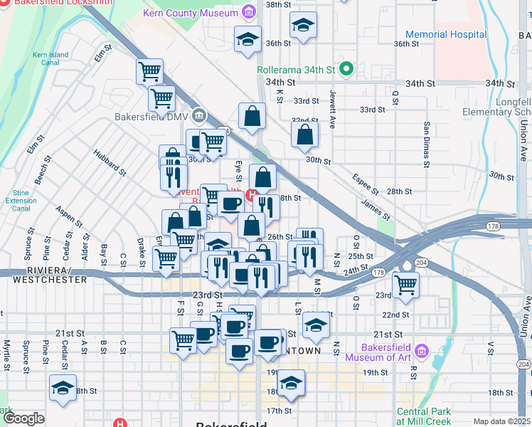 map of restaurants, bars, coffee shops, grocery stores, and more near 2700 Chester Avenue in Bakersfield