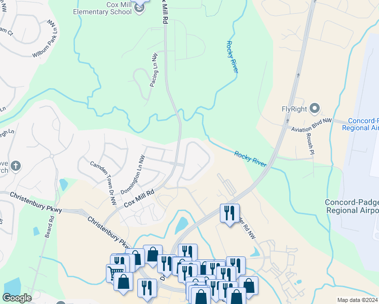 map of restaurants, bars, coffee shops, grocery stores, and more near 2212 Barrowcliffe Drive Northwest in Concord