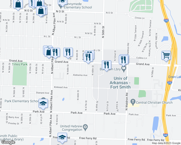 map of restaurants, bars, coffee shops, grocery stores, and more near 811 North 48th Street in Fort Smith