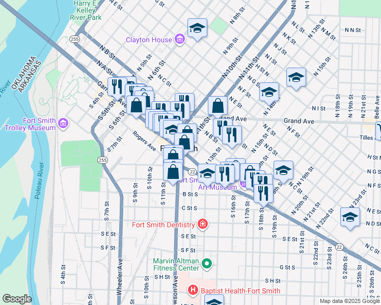 map of restaurants, bars, coffee shops, grocery stores, and more near 1112 Garrison Avenue in Fort Smith