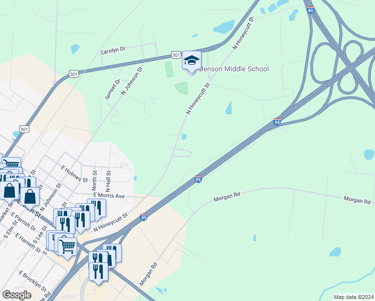 map of restaurants, bars, coffee shops, grocery stores, and more near Coats Circle in Benson