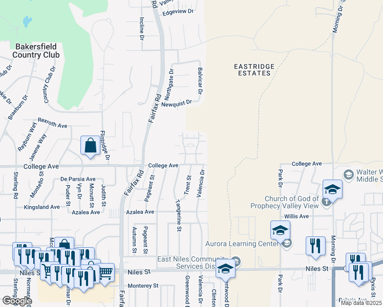 map of restaurants, bars, coffee shops, grocery stores, and more near 7000 College Avenue in Bakersfield