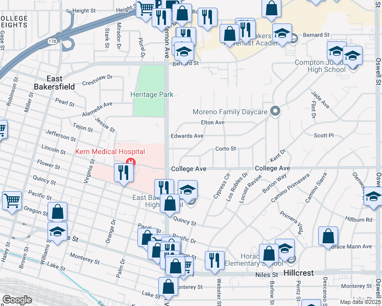 map of restaurants, bars, coffee shops, grocery stores, and more near 1804 Cora Lane in Bakersfield