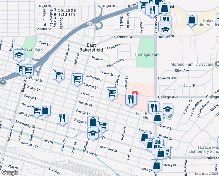 map of restaurants, bars, coffee shops, grocery stores, and more near 1716 Virginia Street in Bakersfield