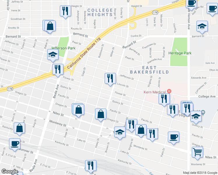 map of restaurants, bars, coffee shops, grocery stores, and more near 1401 Flower Street in Bakersfield