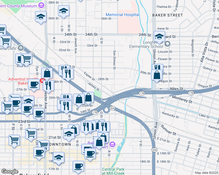 map of restaurants, bars, coffee shops, grocery stores, and more near 2604 Q Street in Bakersfield