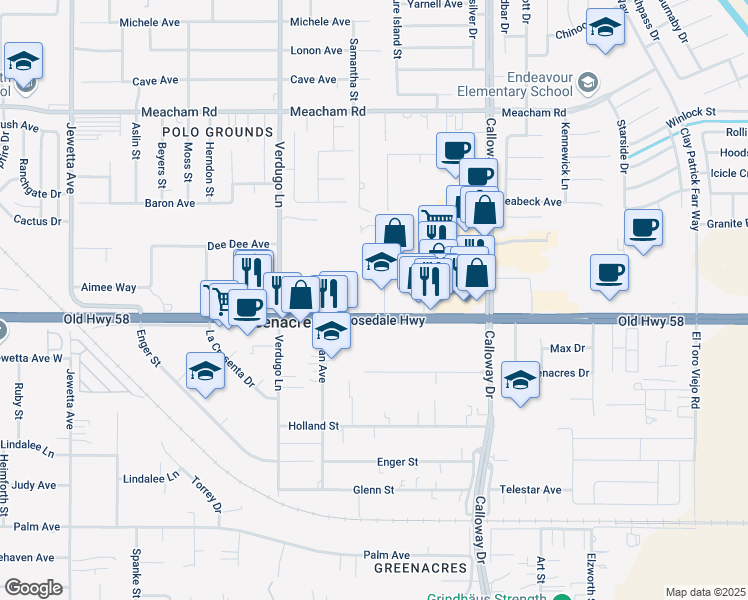 map of restaurants, bars, coffee shops, grocery stores, and more near 10124 Rosedale Highway in Bakersfield