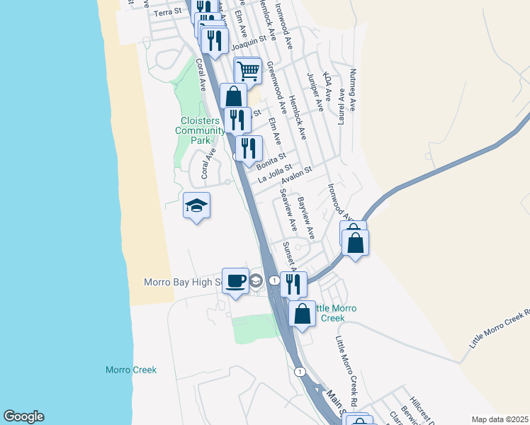 map of restaurants, bars, coffee shops, grocery stores, and more near 2100 Main Street in Morro Bay